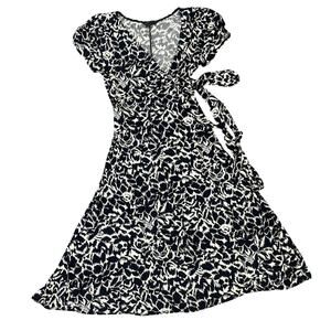 BCBG Max Azria Floral Wrap Puff-Sleeve Dress Size S,‎ Black/White Classic Chic